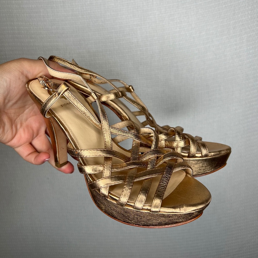 Vince Camino‎ VC Signature Metallic Gold Strappy Heels Toe Ankle Strap Sz 8 / 38